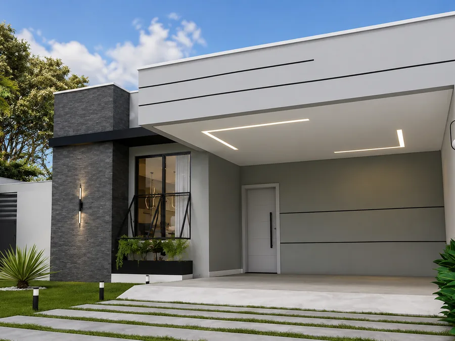 Projeto de casa térrea de 100 m² com três quartos, fachada em pedra e garagem coberta