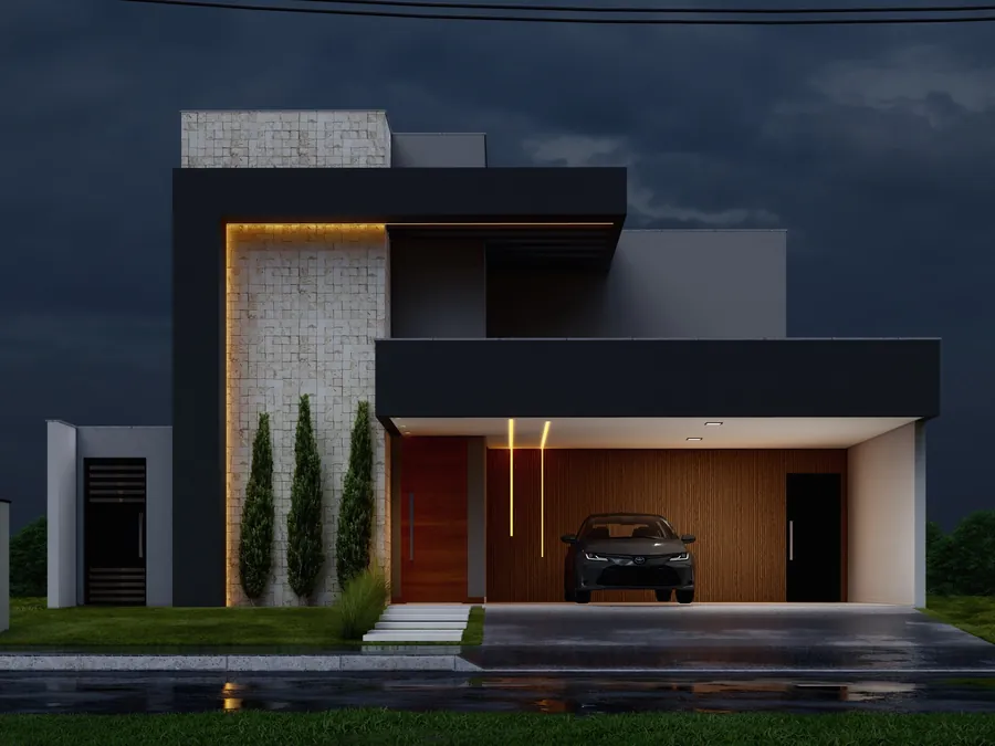 Projeto de casa de 150 m² com três quartos e duas suítes