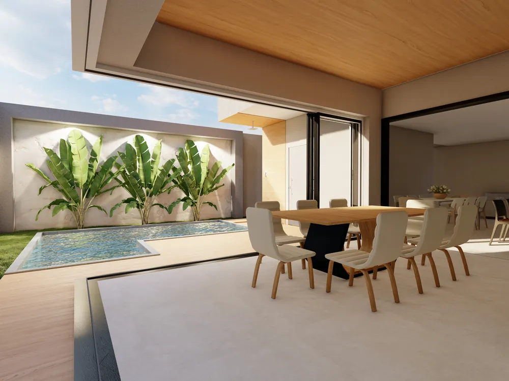 Projeto de área gourmet com piscina e mesa de jantar