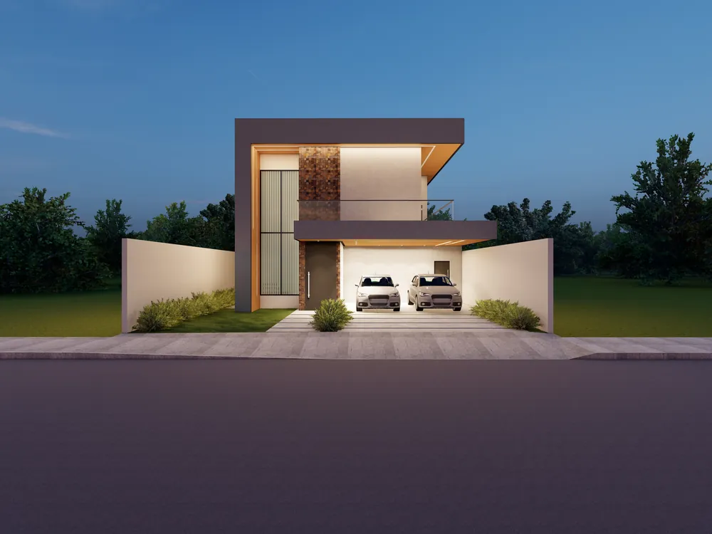 Projeto de fachada em dois volumes, com garagem coberta